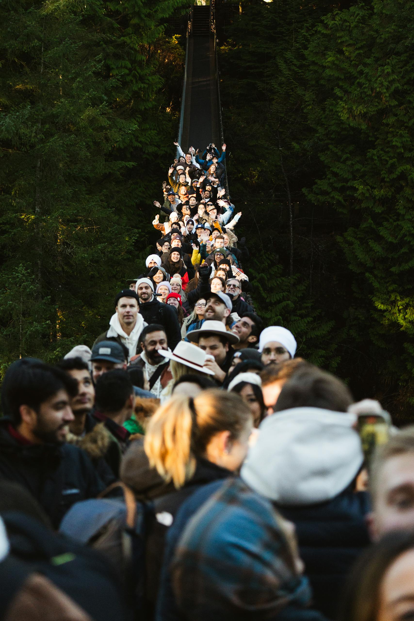 Large group of tourists on a suspension footbridge surrounded by dense forest.