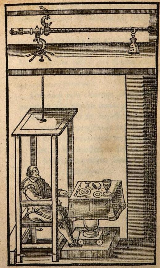 Holzschnitt von Santoris Stoffwechsel-Waage - Santorio sitzt auf der Waage, die er gebaut hatte, um seine Netto-Gewichtsveränderung im Zeitverlauf nach der Aufnahme und Ausscheidung von Nahrungsmitteln und Flüssigkeiten zu berechnen.