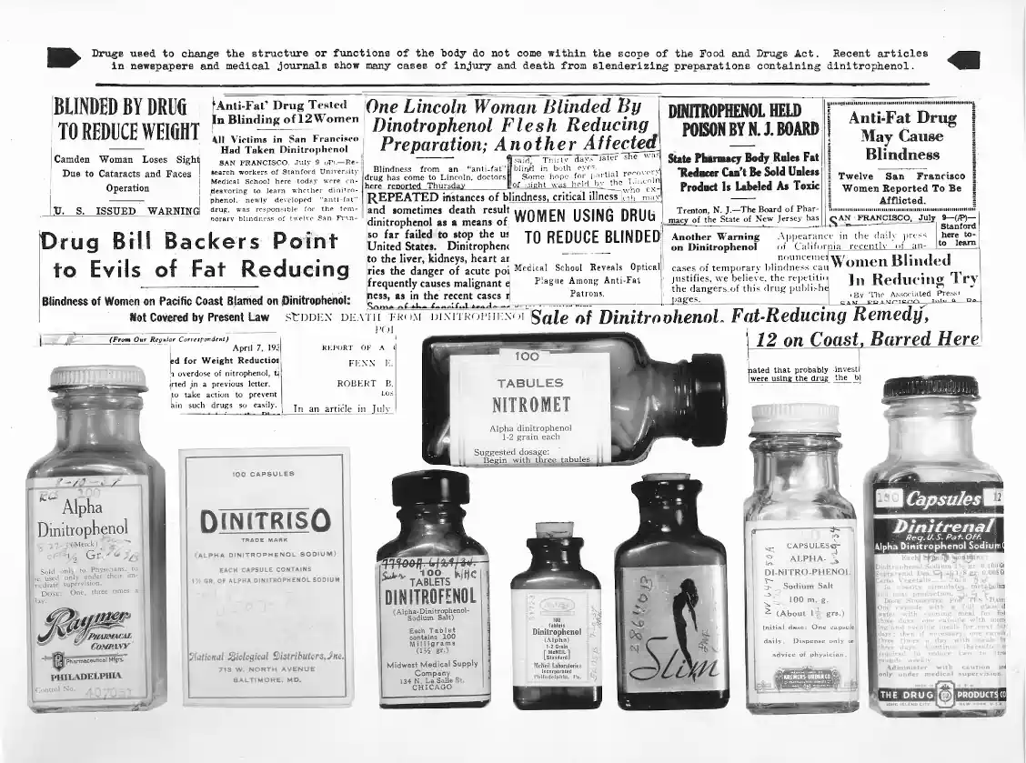 Veröffentlichung der FDA mit Nachrichten  und medizinischen Berichten zu unbeabsichtigten Wirkungen von DNP (oben) sowie zu  unterschiedlichen Marken und Verpackungen (unten) des Stoffes.