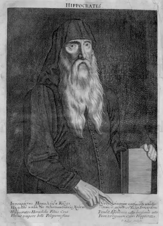 Hippokrates wie ihn sich der franzöische Arzt und Hippokrates-Übersetzer Anuce Foë oder der Genfer Verleger Samuel Chouët im Jahr 1657 vorstellte. 