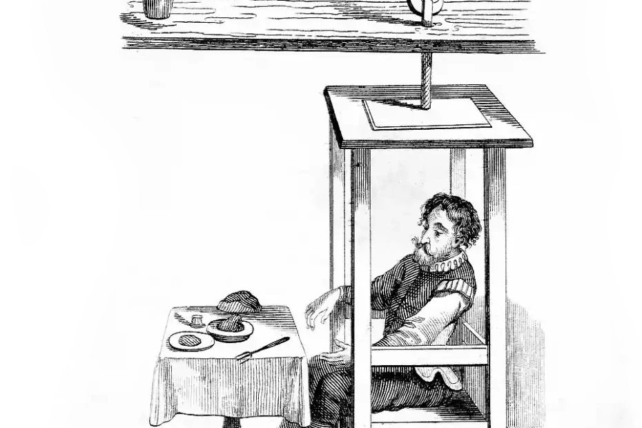 Holzschnitt von Santorio Santorio auf seinem Waagestuhl