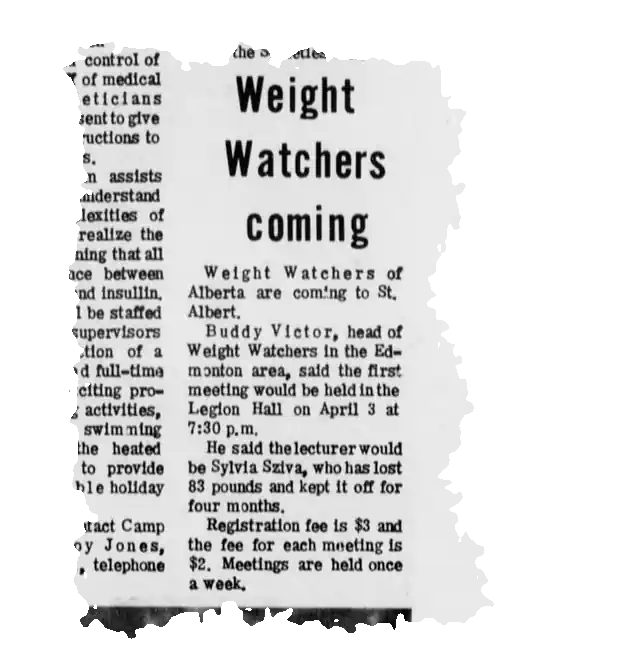 Ausriss einer Anzeige der Weight Watchers aus der "The Gazette" vom 26.3 1969 S.10 