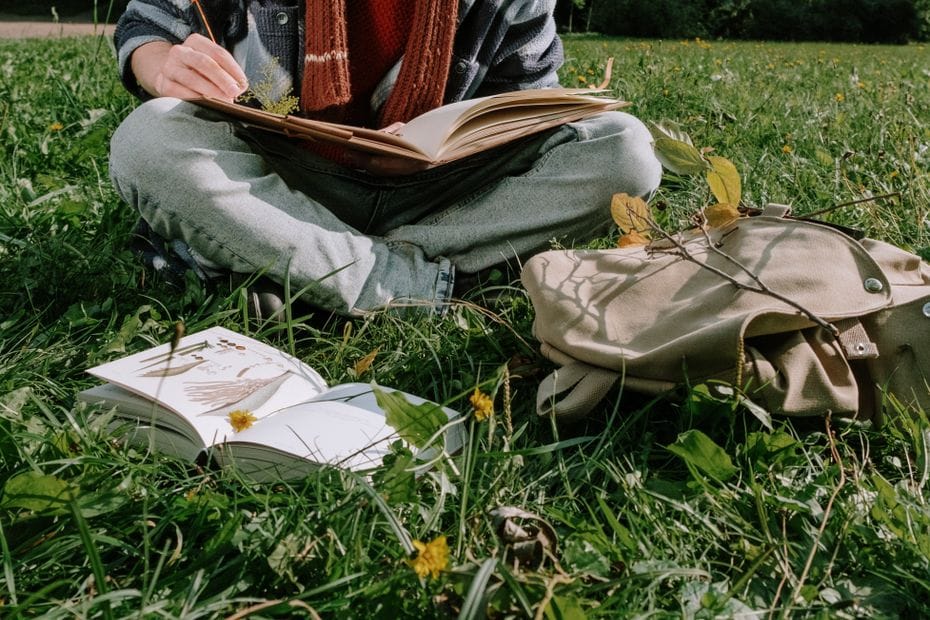 Ein junger Erwachsener sitzt auf dem Rasen, schreibt in ein Buch und genießt einen sonnigen Tag im Park.